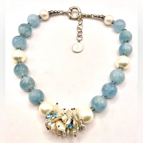 Gorgeous Aquamarine Beaded Necklace Fresh Water Pearls Crystal Spacers 925 - Picture 9 of 11